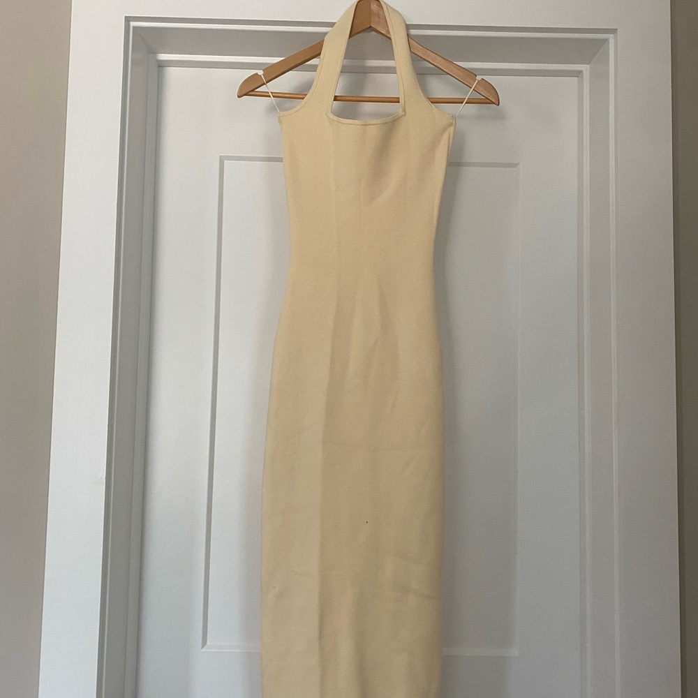 Zara Cream/yellow Backless Halter Midi Dress